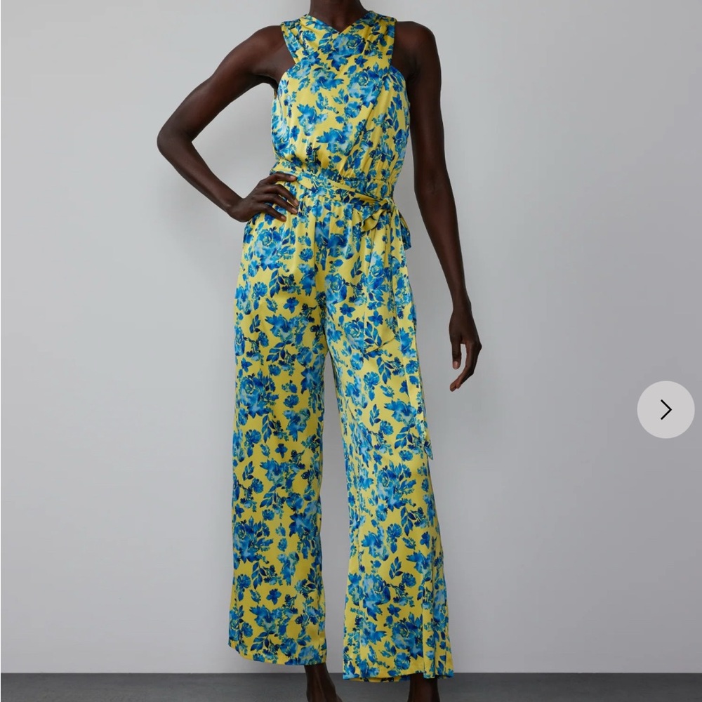 Dressy Long Jumpsuit Size Large Wide Legs Silk Halter Neck Floral Blue & Yellow
